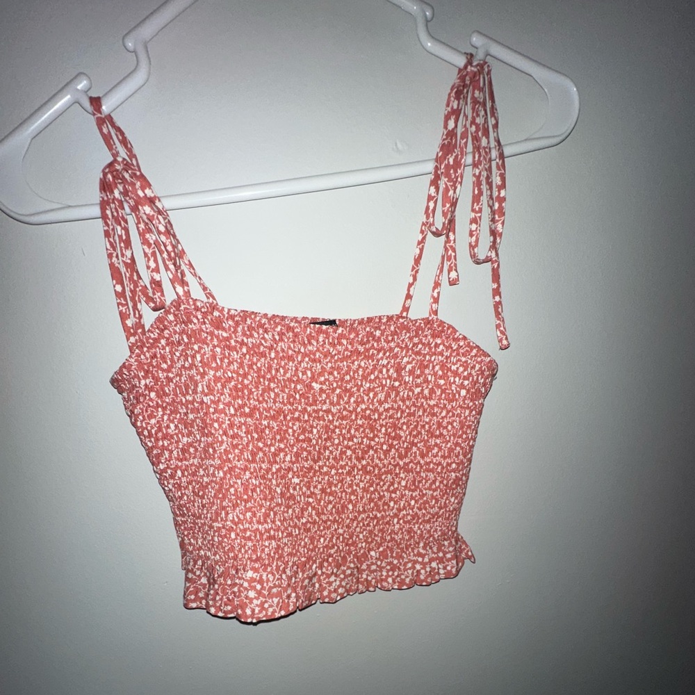Peach floral crop top, tie straps